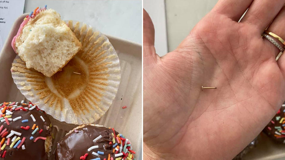 A woman found one half of a piercing in a Woolworths cupcake. Source: Facebook