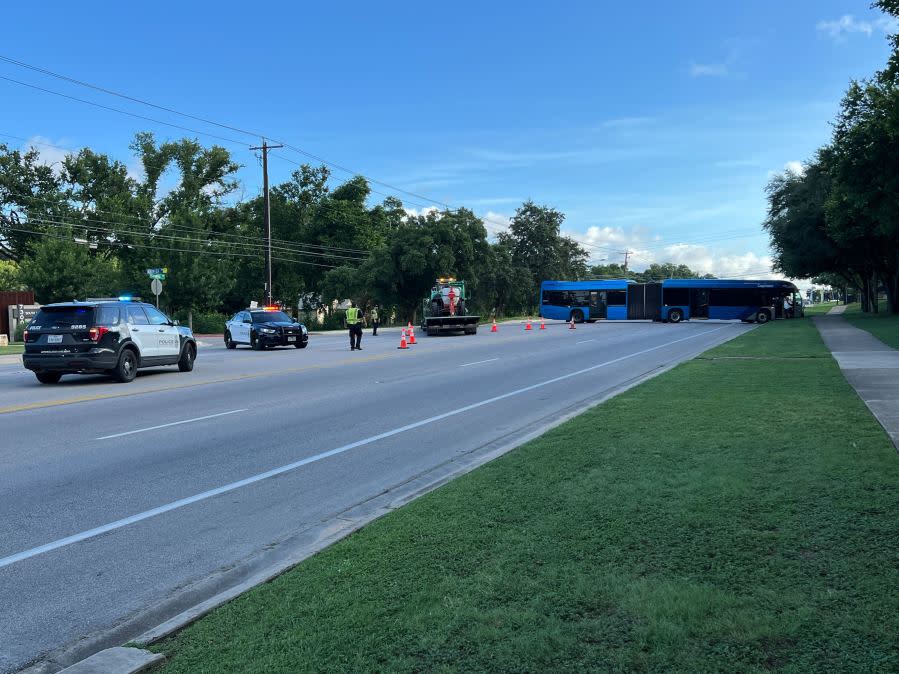 CapMetro bus gets stuck while attempting to turn around, blocking all lanes of South Congress near William Cannon. (KXAN photo/Todd Bailey)