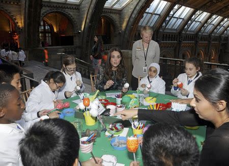 Britain's Catherine, Duchess of Cambridge makes a dinosaur egg whilst attending a children's tea party with pupils from Oakington Manor Primary School in Wembley, at the Natural History Museum in London, Britain November 22, 2016. REUTERS/Yui Mok/Pool