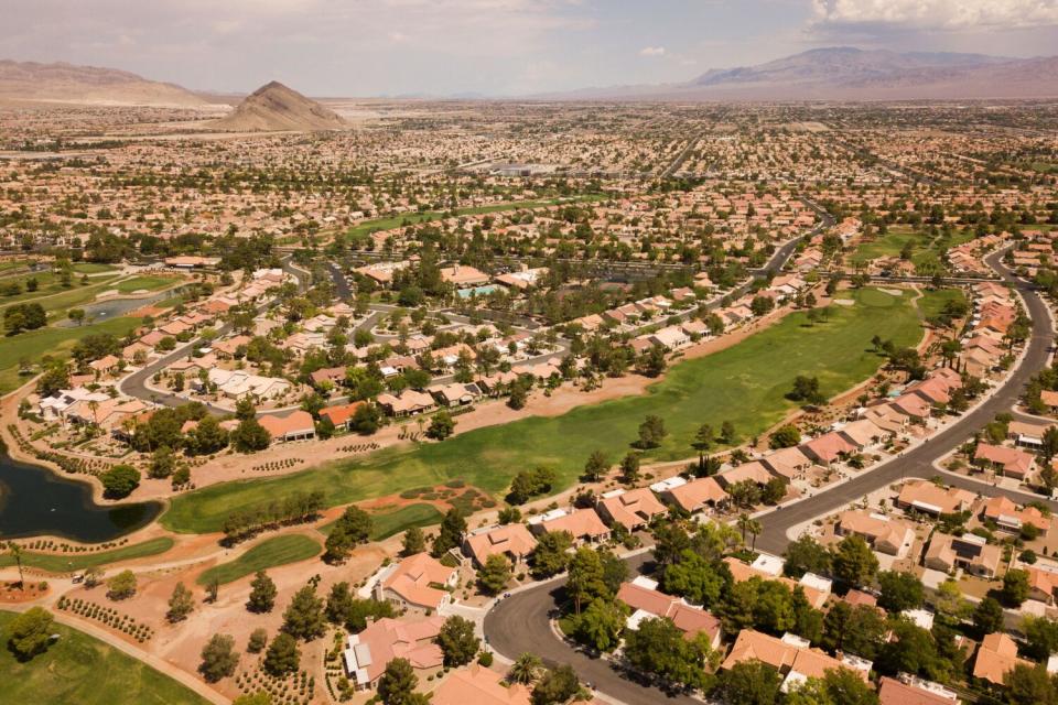 An aerial image shows homes and a golf course in the Summerlin community of Las Vegas