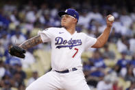 Los Angeles Dodgers starting pitcher Julio Urias throws to the plate during the second inning of a baseball game against the Philadelphia Phillies Tuesday, June 15, 2021, in Los Angeles. (AP Photo/Mark J. Terrill)