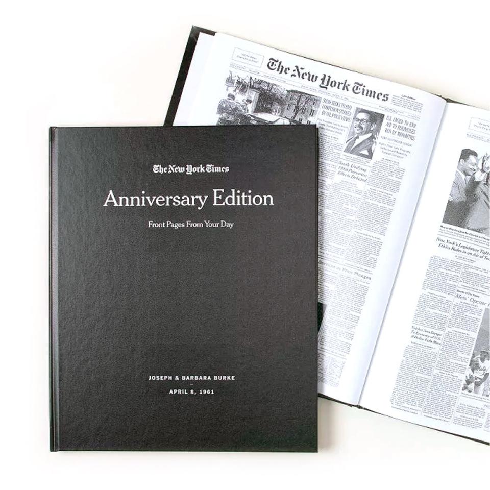 <p><a href="https://go.redirectingat.com?id=74968X1596630&url=https%3A%2F%2Fwww.uncommongoods.com%2Fproduct%2Fnew-york-times-custom-anniversary-book&sref=https%3A%2F%2Fwww.bestproducts.com%2Flifestyle%2Fg44100012%2F50th-anniversary-gifts%2F" rel="nofollow noopener" target="_blank" data-ylk="slk:Shop Now;elm:context_link;itc:0;sec:content-canvas" class="link ">Shop Now</a></p><p><i>The New York Times</i> Custom Anniversary Book</p><p>$99.95</p><p>uncommongoods.com</p>