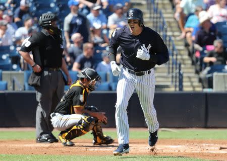 Feb 28, 2019; Tampa, FL, USA;New York Yankees shortstop Troy Tulowitzki (12) reacts as he hits a 3-run home run during the first inning against the Pittsburgh Pirates at George M. Steinbrenner Field. Mandatory Credit: Kim Klement-USA TODAY Sports