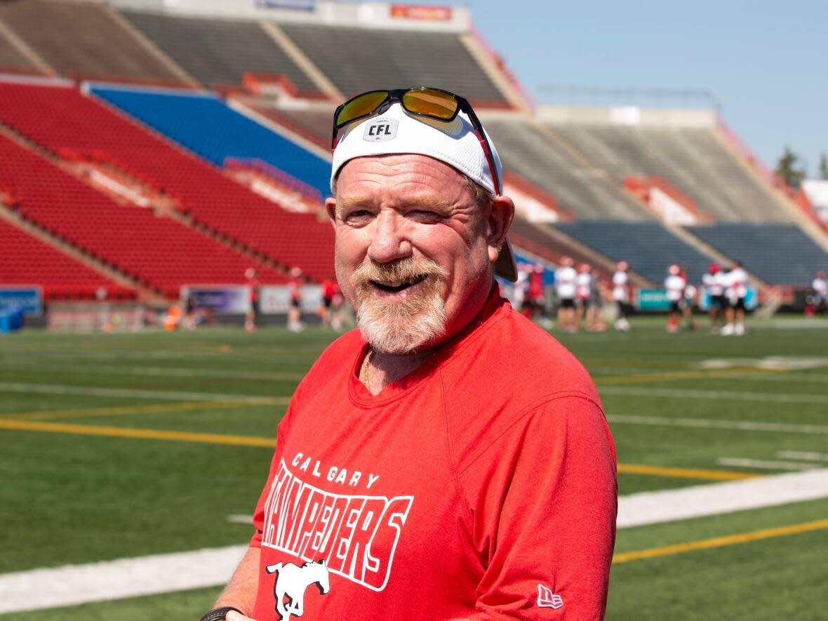 Long-time Calgary Stampeders equipment manager George Hopkins pictured at practice, the week after his 1,000th game with the team, at McMahon Stadium in Calgary on Aug. 9, 2022.  (Ose Irete/CBC - image credit)