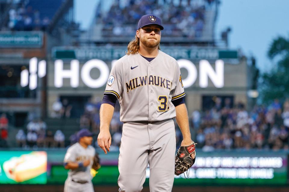 Brewers starter Corbin Burnes tied a major-league record by recording 10 consecutive strikeouts against the Chicago Cubs on Aug. 11, 2021.