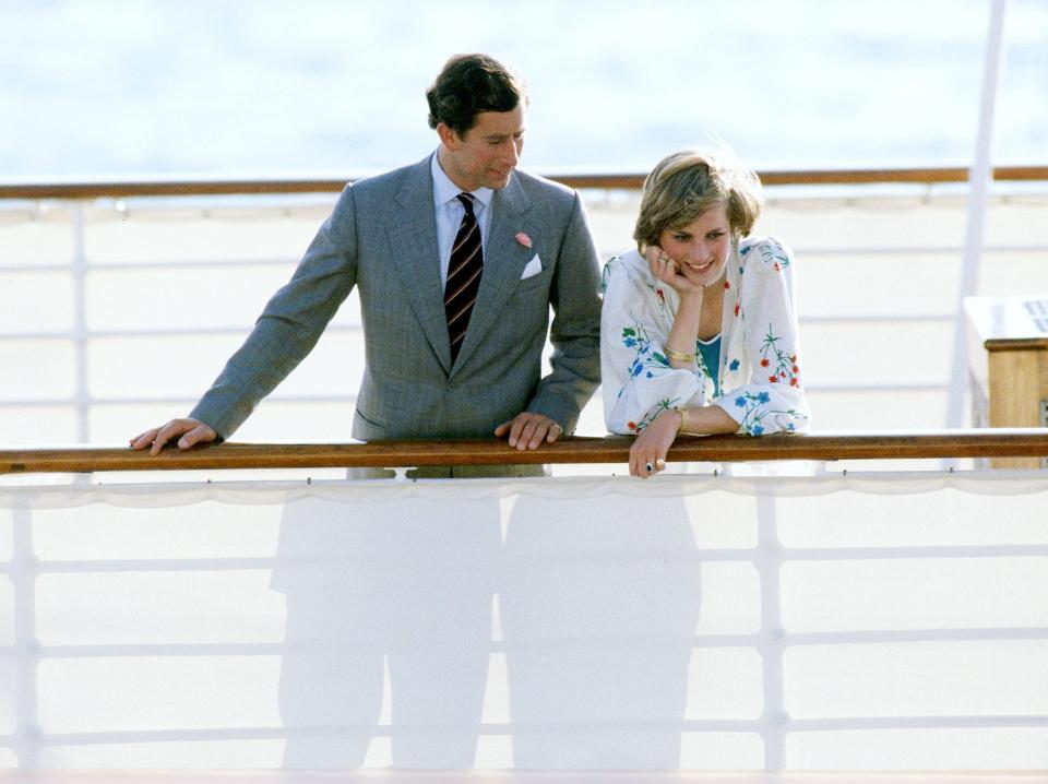 Prince Charles and Princess Diana on the Royal Yacht Britannia at the start of their honeymoon cruise in August 1981.