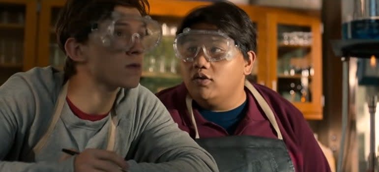 Ned talking to Peter while he's taking notes during science class in "Spider-Man: Homecoming"