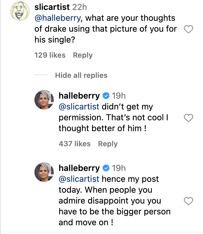 Halle Berry alleges Drake used a photo of her without asking her first. (Instagram)