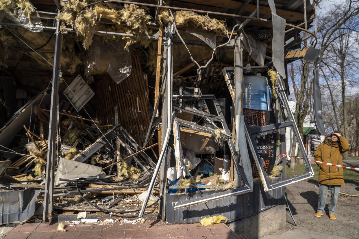 A view of damaged building as several residential buildings are damaged following a Russian airstrike in Kyiv (Anadolu via Getty Images)