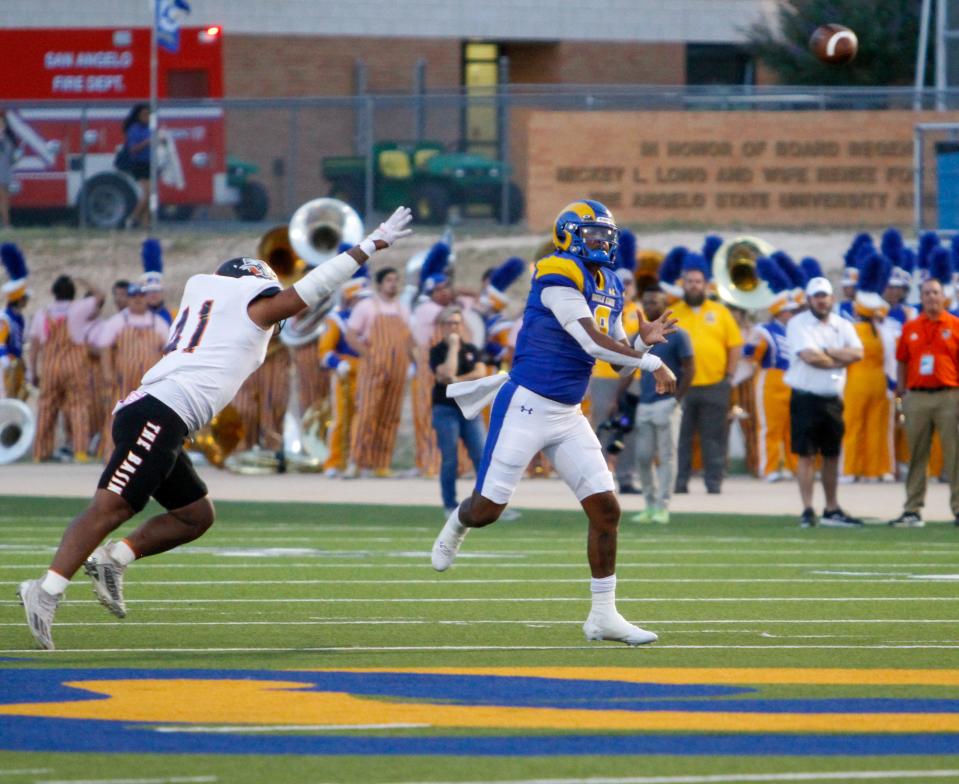 Angelo State quarterback Gerald Gardner throws a pass against UTPB at LeGrand Stadium on Oct. 21, 2023.