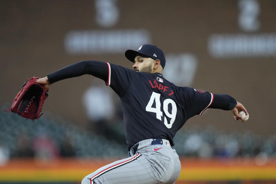 Minnesota Twins pitcher Pablo López throws during the first inning of a baseball gamekk against the Detroit Tigers, Friday, April 12, 2024, in Detroit. (AP Photo/Carlos Osorio)