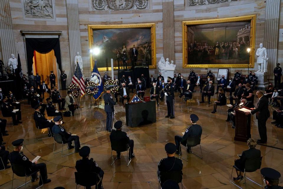 PHOTO: Senator Chuck Schumer (D-NY), far right, speaks during the Congressional ceremony memorializing U.S. Capitol Police Officer Brian D. Sicknick, 42, as he lies in honor in the Rotunda of the Capitol, Feb. 3, 2021, in Washington. (Demetrius Freeman/Pool/Getty Images)