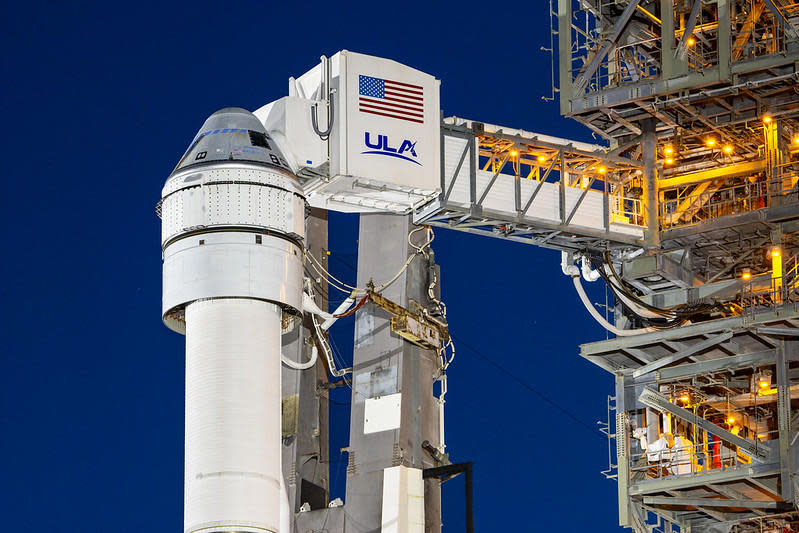 The Starliner capsule and its service module are attached to the Atlas 5 booster's thinner Centaur upper stage for launch. The drum-shaped extension at the bottom of the service module is an 