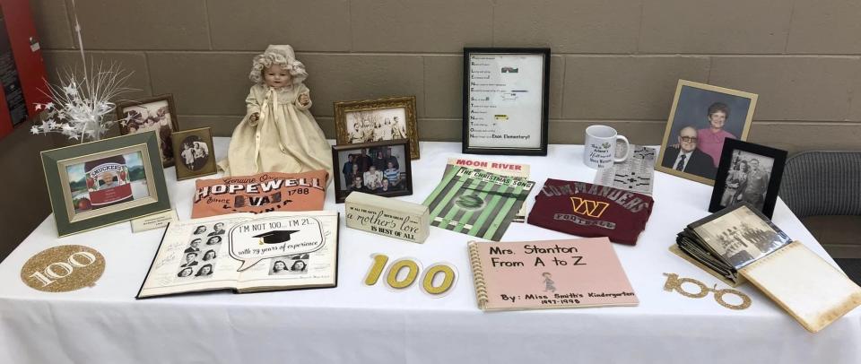 Arlene Layne Stanton's keepsakes on display at her 100th birthday celebration at Bermuda Hundred United Methodist Church in Chester on December 28, 2023.