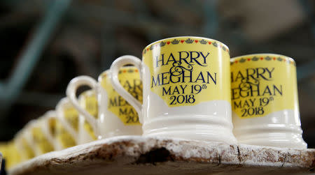 Souvenir mugs to commemorate the wedding of Britain's Prince Harry and Meghan Markle are stacked at the Emma Bridgewater Factory, in Hanley, Stoke-on-Trent, Britain March 28, 2018. REUTERS/Carl Recine