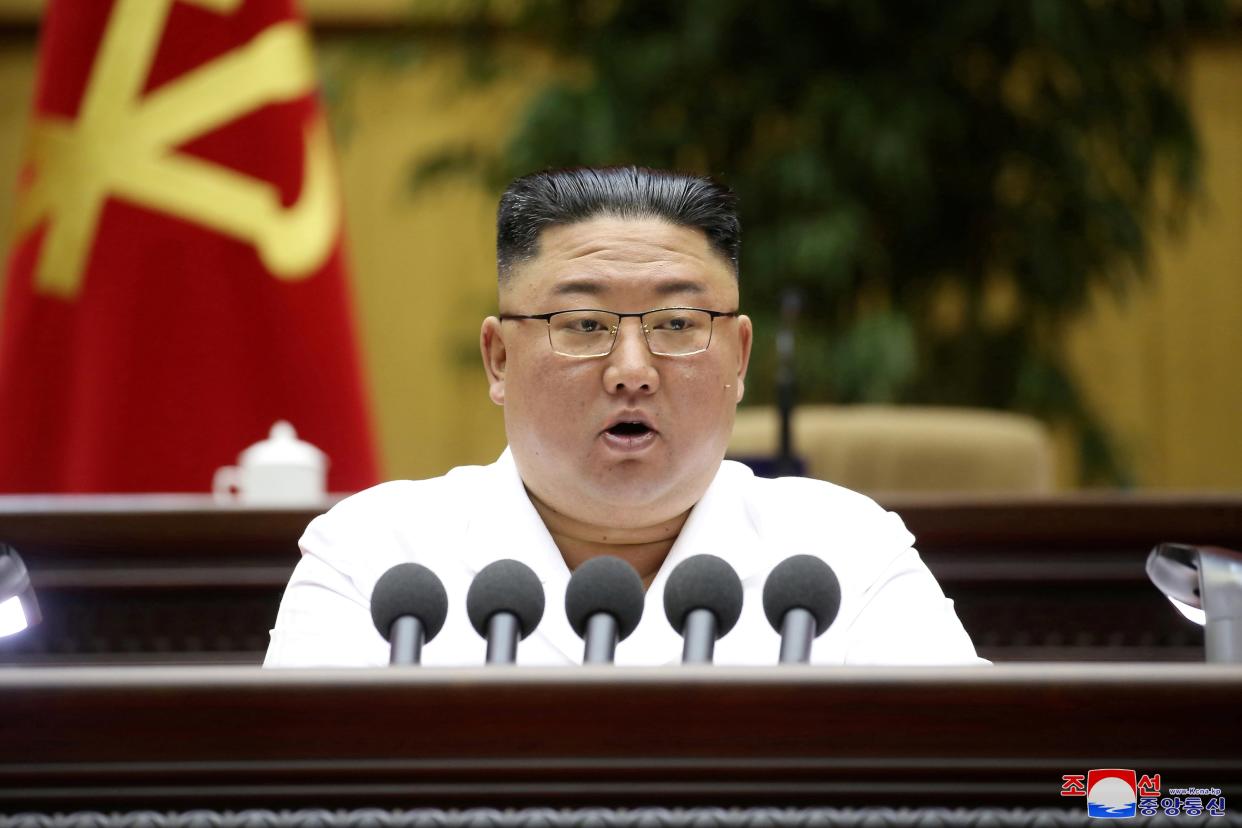 <p>North Korea leader Kim Jong Un at a party conference last month</p> (AP)