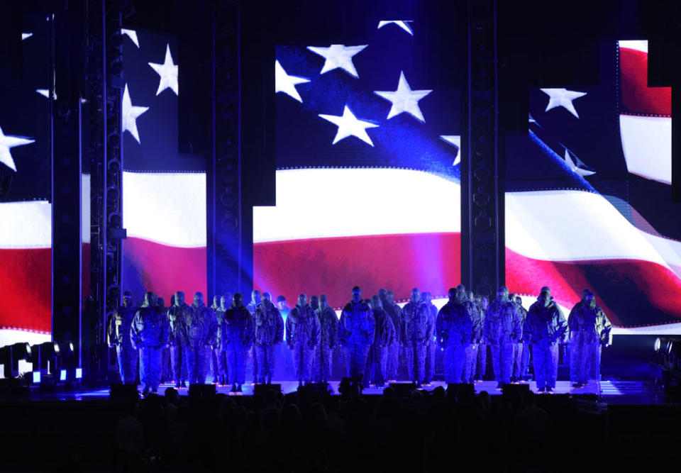 <p>Kendrick Lamar (center) performs onstage during the 60th Annual Grammy Awards at Madison Square Garden on January 28, 2018, in New York City. (Photo: Getty Images) </p>