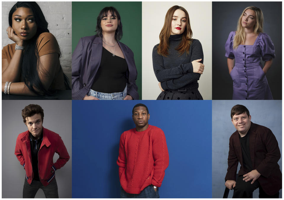 This combination photo shows, top row from left, Megan Thee Stallion, Barbie Ferreira, Kaitlyn Dever, Florence Pugh, bottom row from left, Jack Quaid, Jonathan Majors and Zack Gottsagen, who were named breakthrough artists of the year by the Associated Press. (AP Photo)