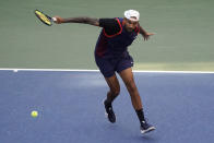 Nick Kyrgios, of Australia, returns a shot to Benjamin Bonzi, of France, during the second round of the US Open tennis championships, Wednesday, Aug. 31, 2022, in New York. (AP Photo/John Minchillo)
