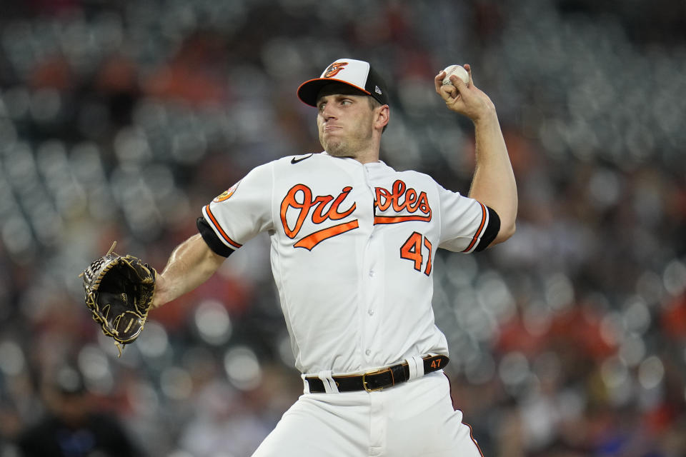 Baltimore Orioles starting pitcher John Means throws to the St. Louis Cardinals in the third inning of a baseball game, Tuesday, Sept. 12, 2023 in Baltimore. (AP Photo/Julio Cortez)