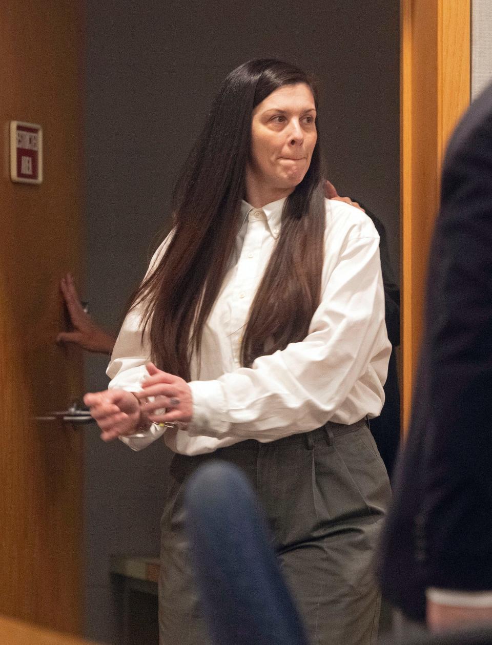 Pamela Schwarz sits in the courtroom of Circuit Judge Jennie Kinsey on Thursday, April 25, 2024, for her two-day jury trial. Schwarz is indicted on first-degree murder by unlawful distribution of drugs for allegedly giving her jail cell mate a fatal amount of fentanyl.