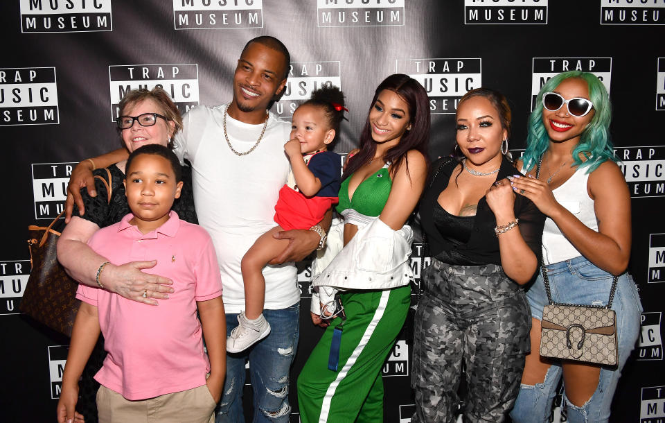 ATLANTA, GA - SEPTEMBER 29:  Diane Cottle-Pope, Major Harris, T.I., Heiress Harris, Deyjah Harris, Tameka "Tiny" Harris, and Zonnique Pullins attendTrap Music Museum VIP Preview at Trap Music Museum on September 29, 2018 in Atlanta, Georgia.  (Photo by Paras Griffin/Getty Images)