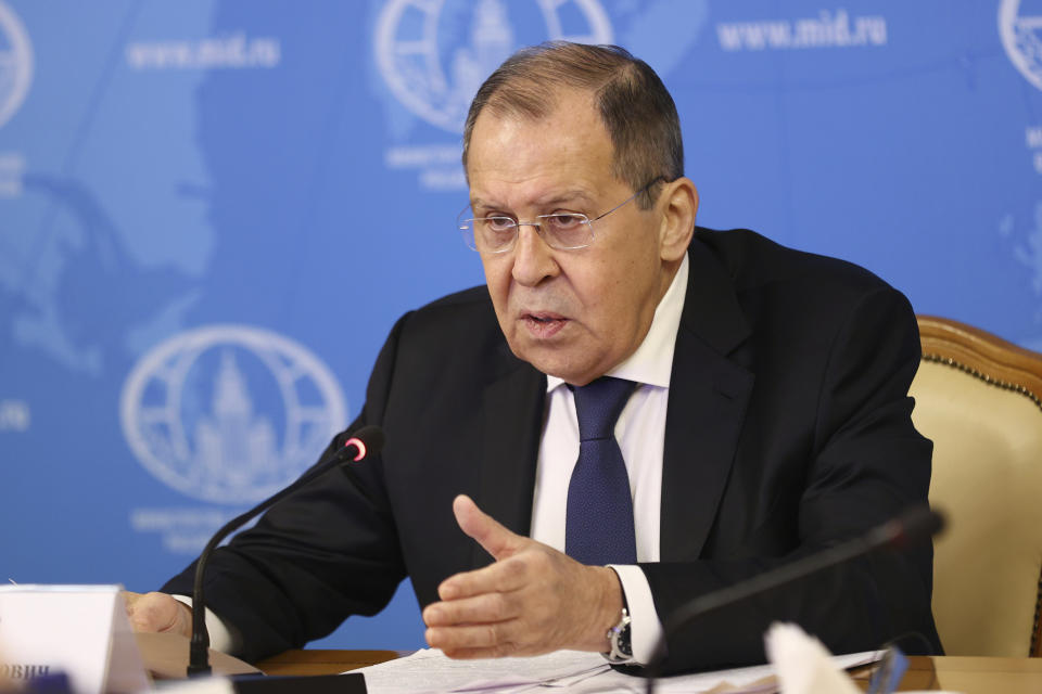 In this photo released by Russian Foreign Ministry Press Service, Russian Foreign Minister Sergey Lavrov speaks during a meeting with the Association of European Businesses in Moscow, Russia, Monday, Oct. 5, 2020. (Russian Foreign Ministry Press Service via AP)