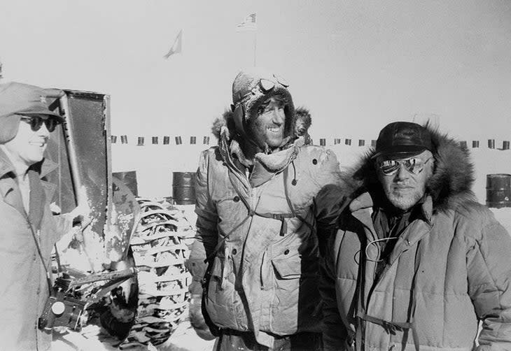 Sir Edmund Hillary off plane at the South Pole.