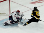 Boston Bruins right wing David Pastrnak (88) scores a goal past Washington Capitals goaltender Vitek Vanecek (41) on a breakaway during the second period of an NHL hockey game, Thursday, Jan. 20, 2022, in Boston. (AP Photo/Mary Schwalm)