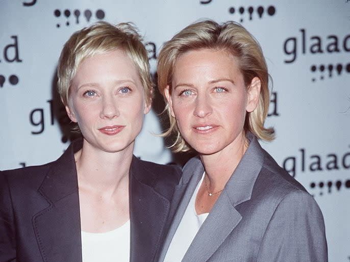 Former couple Anne Heche and Ellen DeGeneres at a GLAAD event in 1999: Brenda Chase/Online USA