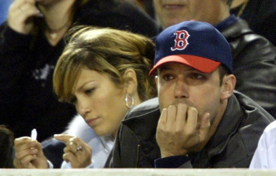 <p>Lopez and Affleck attend the Anaheim Angels game against the Boston Red Sox on April 27, 2003 at Edison Field in Anaheim.</p>