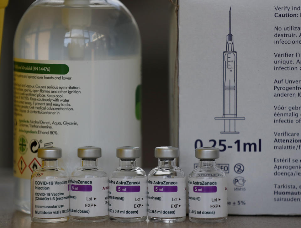 AstraZeneca vaccine ready to be used at the Wellcome Centre in Ilford, east London, Friday, Feb. 5, 2021. (AP Photo/Frank Augstein)