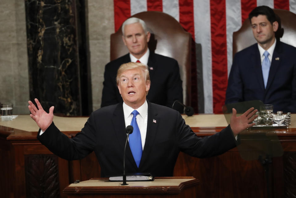 FILE - In this Jan. 30, 2018 file photo, President Donald Trump delivers his State of the Union address to a joint session of Congress on Capitol Hill in Washington. (AP Photo/Pablo Martinez Monsivais)