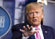 In this Feb. 26, 2020 photo, President Donald Trump speaks during a news conference at the Brady press briefing room of the White House in Washington. America's longest war may finally be nearing an end, after nearly two decades that outlasted two commanders in chief and is now helmed by a third. More than 18 years since the conflict began in response to the September 11, 2001, attacks, the United States and the Islamists it toppled from power in Afghanistan are poised to sign a peace deal on Saturday.(AP Photo/Manuel Balce Ceneta)