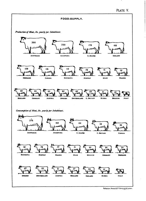 Graphical representation of meat production and consumption among various countries in 1891