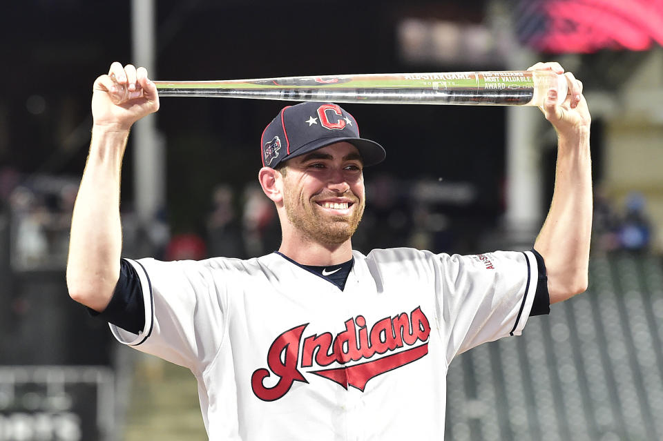 CLEVELAND, OHIO - JULY 09: Shane Bieber #57 of the Cleveland Indians and the American League poses with the Major League Baseball All-Star Game Most Valuable Player Award after the 2019 MLB All-Star Game, presented by Mastercard at Progressive Field on July 09, 2019 in Cleveland, Ohio. (Photo by Jason Miller/Getty Images)