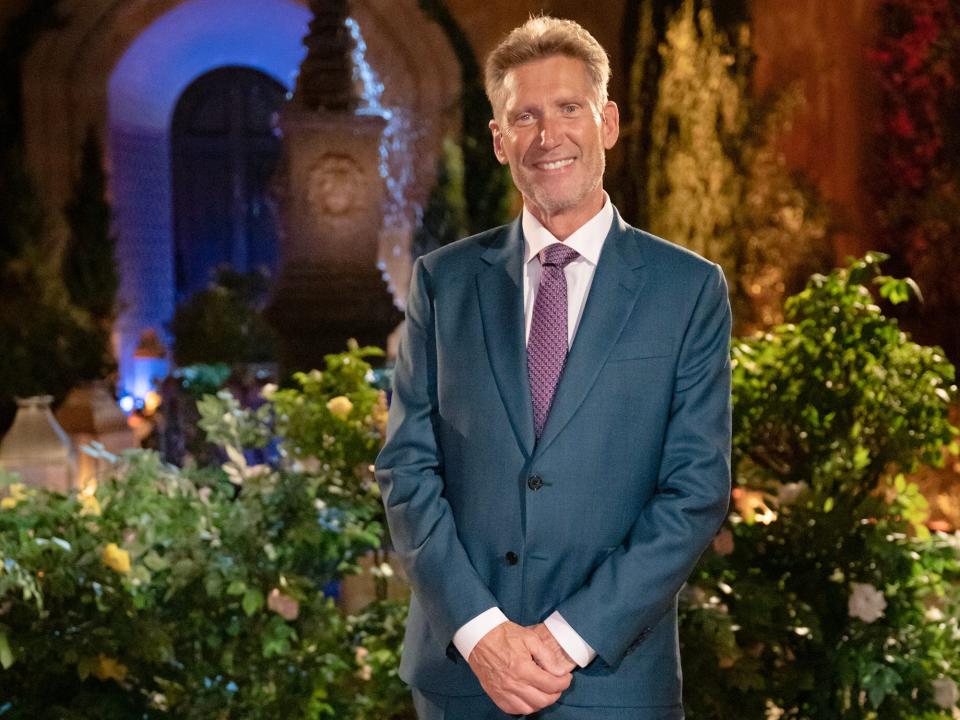 "Golden Bachelor" star Gerry Turner stands outside the mansion where the reality TV show is filmed.