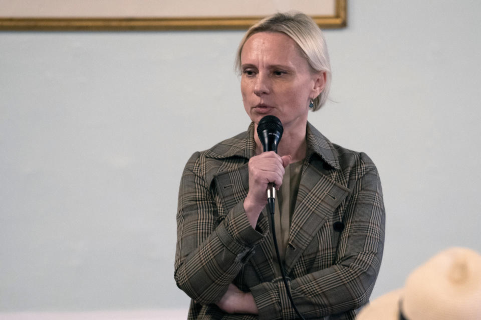 Rep. Victoria Spartz, R-Ind., speaks during a Northern Hamilton County GOP Meeting, Monday, April 22, 2024, in Sheridan, Ind. Spartz, the first and only Ukrainian-born member of Congress who emerged as a natural voice for Ukraine, recently voted against sending $61 billion of aid to the country. Her reversal aligns with other hard-right Republicans in the House. Thanks to a year off from campaigning, Spartz's district in central Indiana is vulnerable in the upcoming primary election where the U.S.-Mexico border is of top concern. (AP Photo/Darron Cummings)