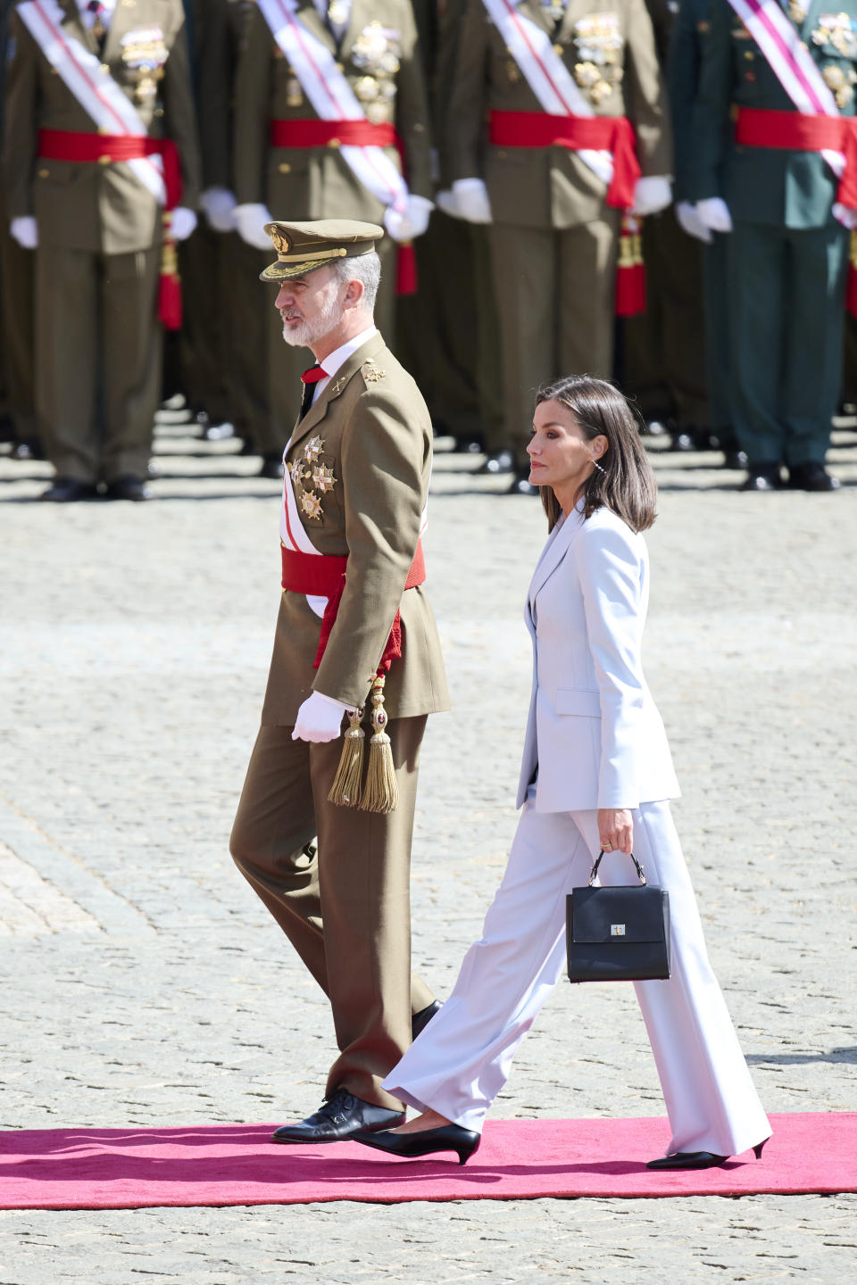 ZARAGOZA, SPAIN - MAY 04: King Felipe VI of Spain and Queen Letizia of Spain attend the 40th anniversary of the Flag Oath of the 44th promotion of the General Military Academy on May 04, 2024 in Zaragoza, Spain. (Photo by Carlos Alvarez/Getty Images)