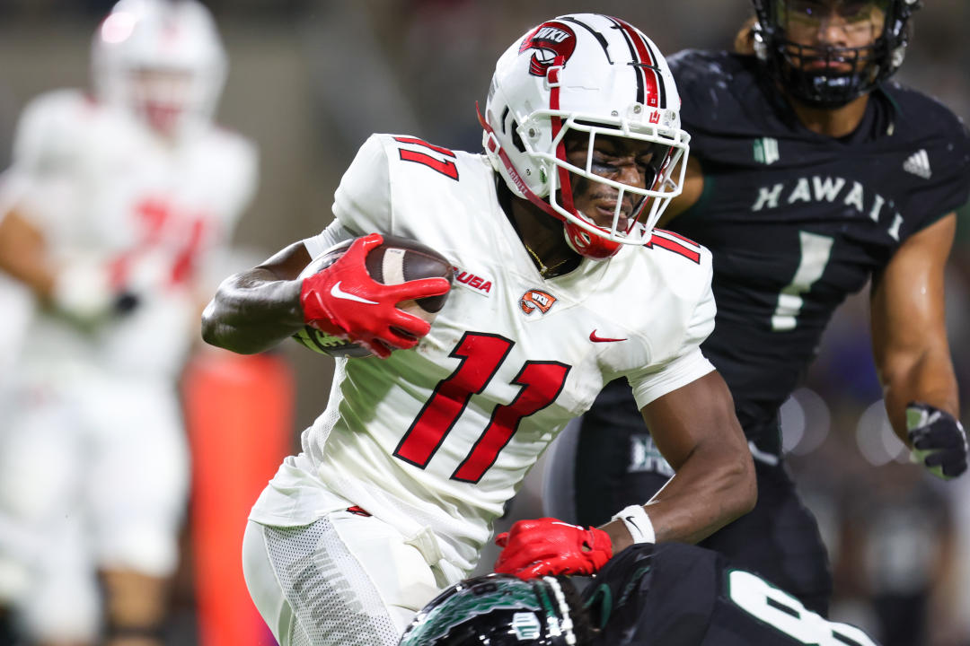 HONOLULU, HI - SEPTEMBER 03: Malachi Corley #11 of the Western Kentucky Hilltoppers runs the ball during the second half of an NCAA football game against the Hawaii Rainbow Warriors at the Clarance T.C. Ching Athletic Complex on September 3, 2022 in Honolulu, Hawaii. (Photo by Darryl Oumi/Getty Images)