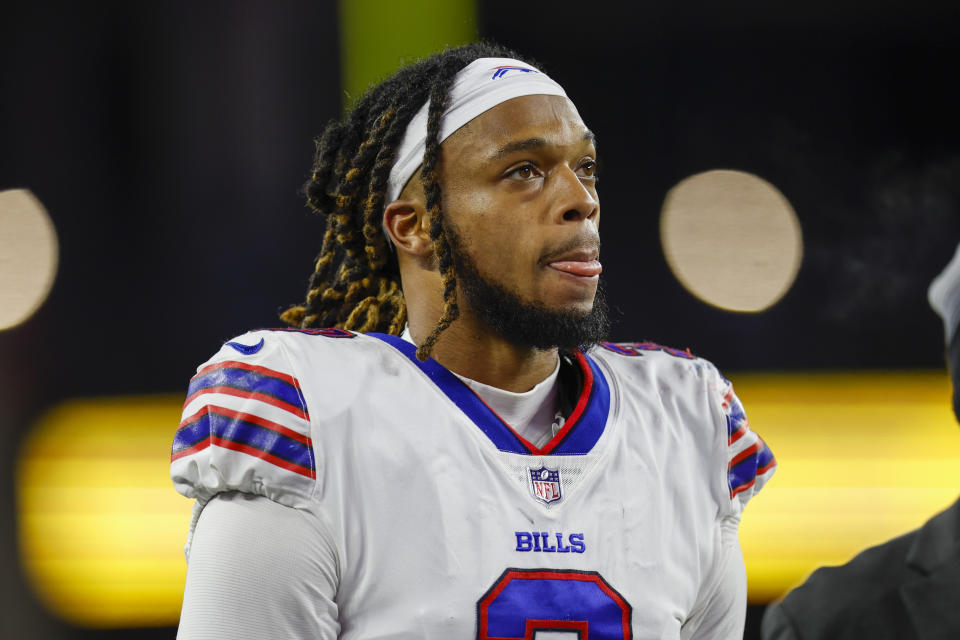 Buffalo Bills safety Damar Hamlin (3) reacts during the second half of an NFL football game against the New England Patriots, Thursday, Dec. 1, 2022, in Foxborough, Mass. (AP Photo/Greg M. Cooper)