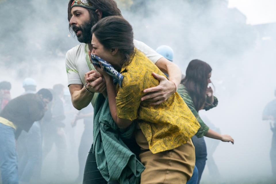 Jeremy Strong as Jerry Rubin as protesters are tear-gassed in 'The Trial of the Chicago 7'. (Credit: Niko Tavernise/Netflix)