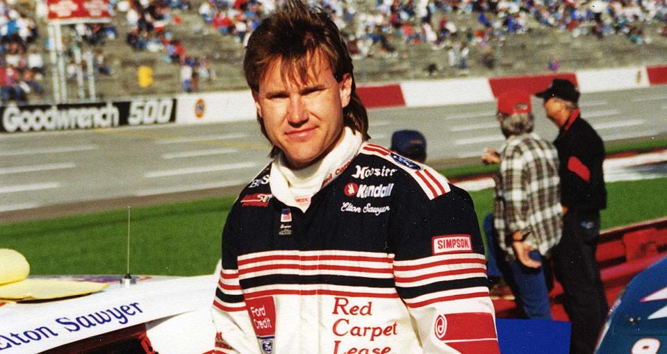 A mid-1990s portrait of Elton Sawyer on pit road at Rockingham Speedway.