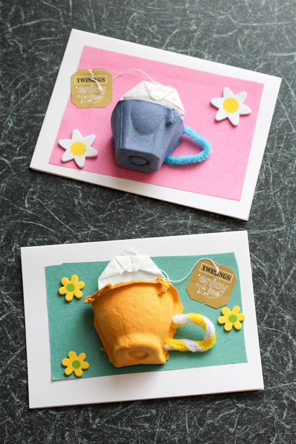 <p>Gift her a tea bag (a.k.a 15 minutes of peace) with this card that turns a recycled egg carton and pipe cleaner into an adorable teacup. </p><p><em><a href="http://intheplayroom.co.uk/2015/03/16/drink-it-all-in-with-twinings-and-tea-cup-cards/" rel="nofollow noopener" target="_blank" data-ylk="slk:Get the tutorial at In the Playroom »;elm:context_link;itc:0;sec:content-canvas" class="link ">Get the tutorial at In the Playroom »</a></em> </p>