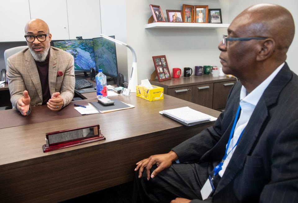 Montgomery Public Schools Superintendent Melvin Brown and Chief School Financial Officer Arthur Watts talk at MPS head office in Montgomery, Ala., on Wednesday, Feb. 21, 2024.