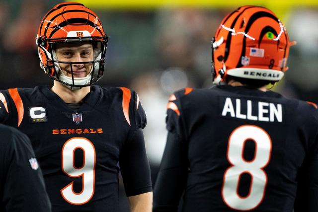 Cincinnati Bengals quarterback Joe Burrow (right) wearing