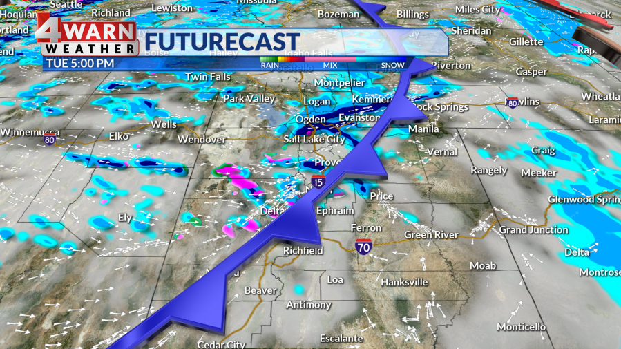 A graphic model of the cold front expected to descend on Utah Tuesday evening.