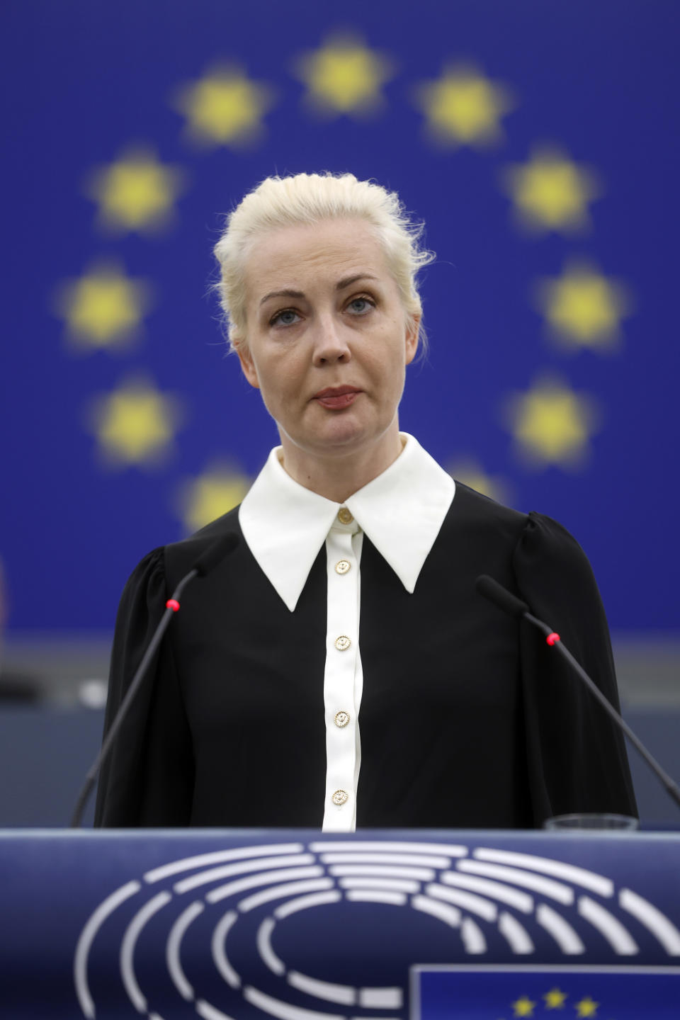 Yulia Navalnaya, widow of Russian opposition leader Alexei Navalny addresses the European Union's parliament on Wednesday Feb. 28, 2024 in Strasbourg, eastern France. The grief-stricken widow of Russian opposition leader Alexei Navalny implored the 27-nation bloc to stand up to Russian President Vladimir Putin. The legislature often interrupted her speech with applause and lauded her efforts to keep the memory of Navalny alive. (AP Photo/Jean-Francois Badias)