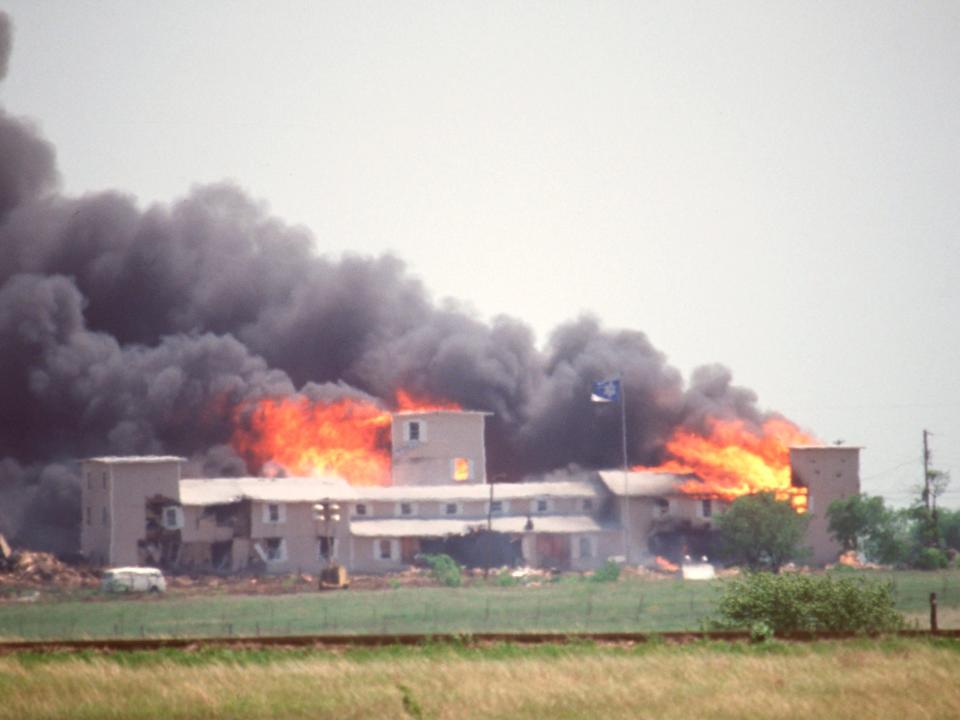The Branch Davidian compound burns at the end of the 51-day standoff with David Koresh and his followers in April 1993.