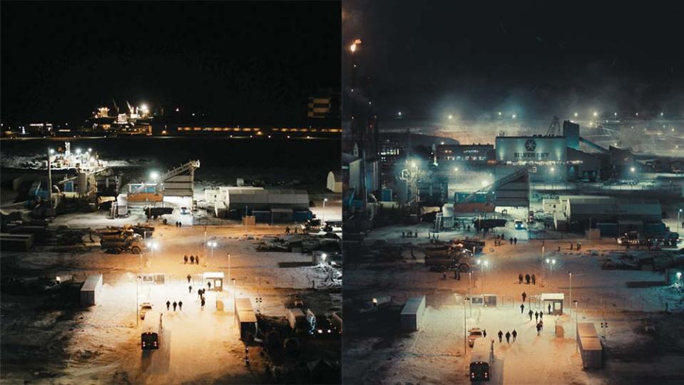 A before and after revealing the extent to which the Silver Sky Mine compound had to be generated in postproduction.